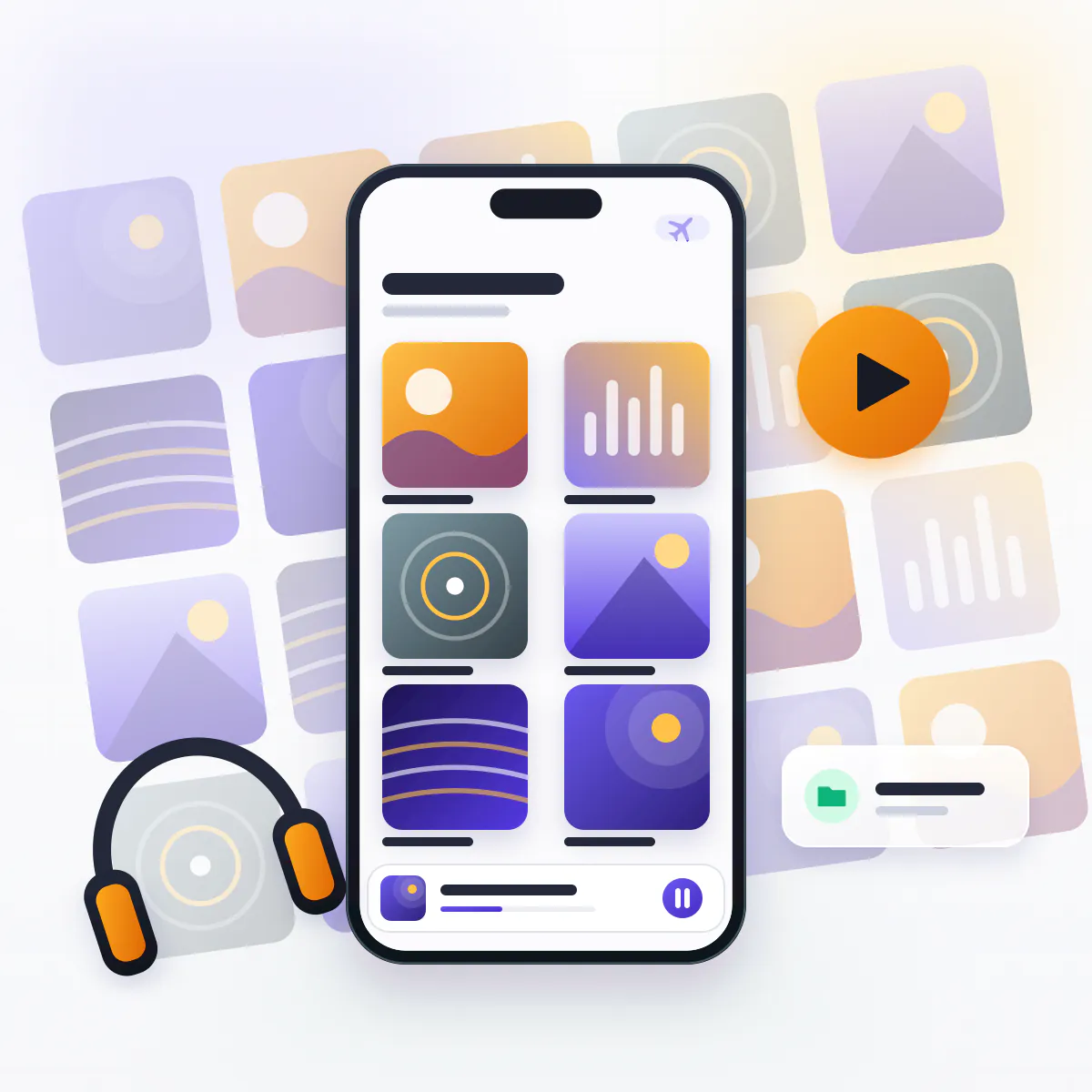 Your offline music library Offline music library of album tiles on a phone in airplane mode with headphones and a play button