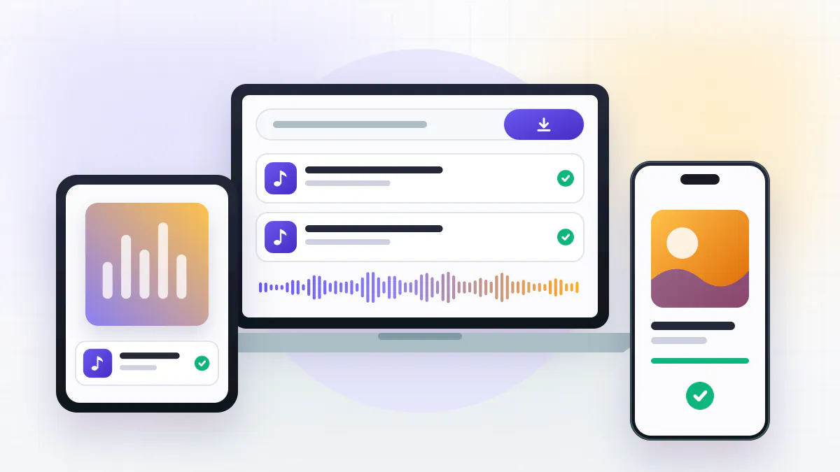 Mobile and desktop compatibility Phone, tablet and laptop side by side, each showing the same downloaded music file