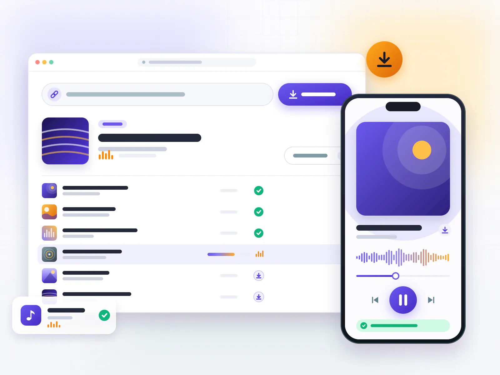 Music downloader interface Music downloader app window with a pasted playlist link, track list, download progress and a phone player